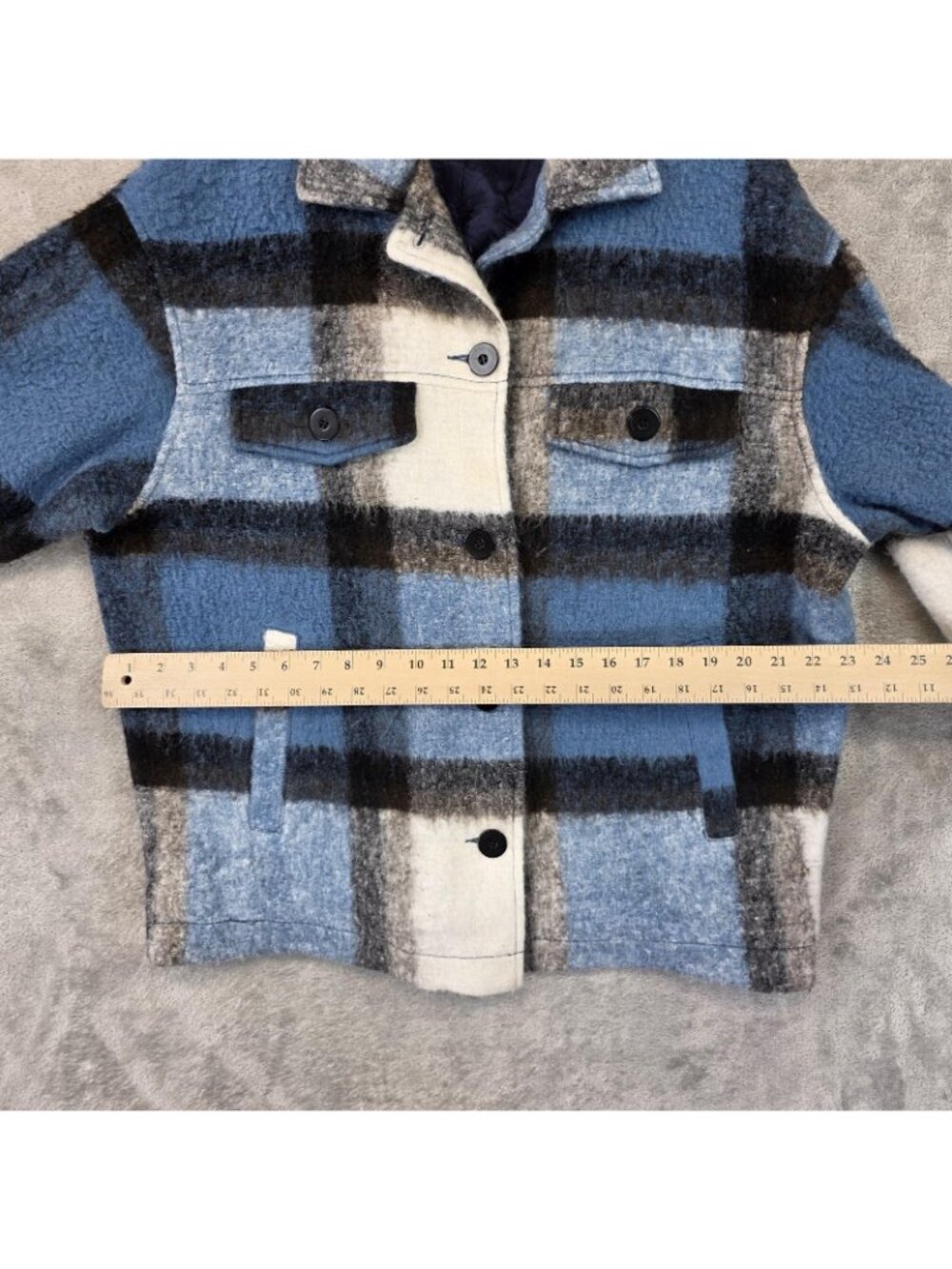 Zara Jacket Womens M Blue Plaid Wool Flannel Oversized Button Front Collared - Picture 8 of 9